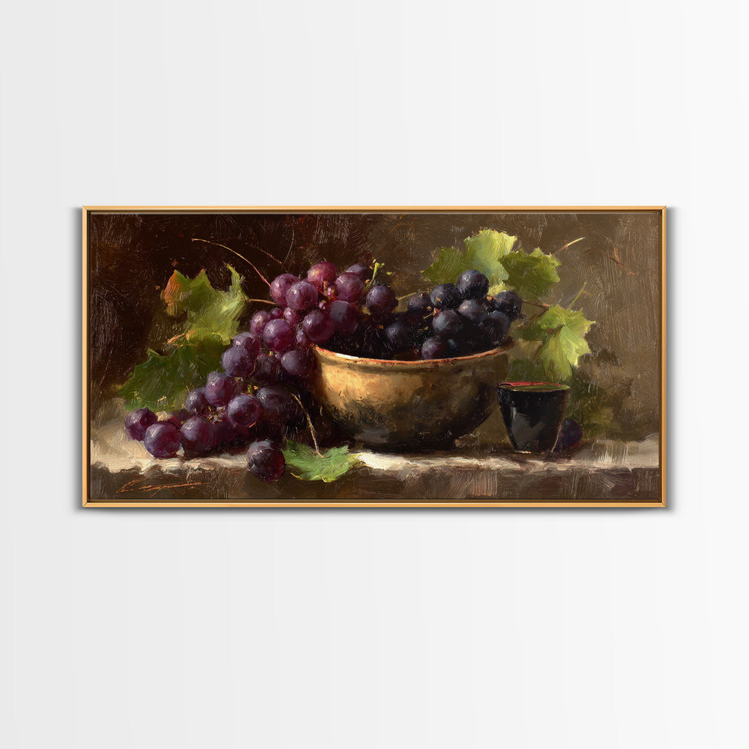 Grapes in a Ceramic Bowl with Shadows Canvas Print, Winery Art, Farmhouse Decor, Winery Decor, Oil Painting, Vineyard, WIN-2x1-53