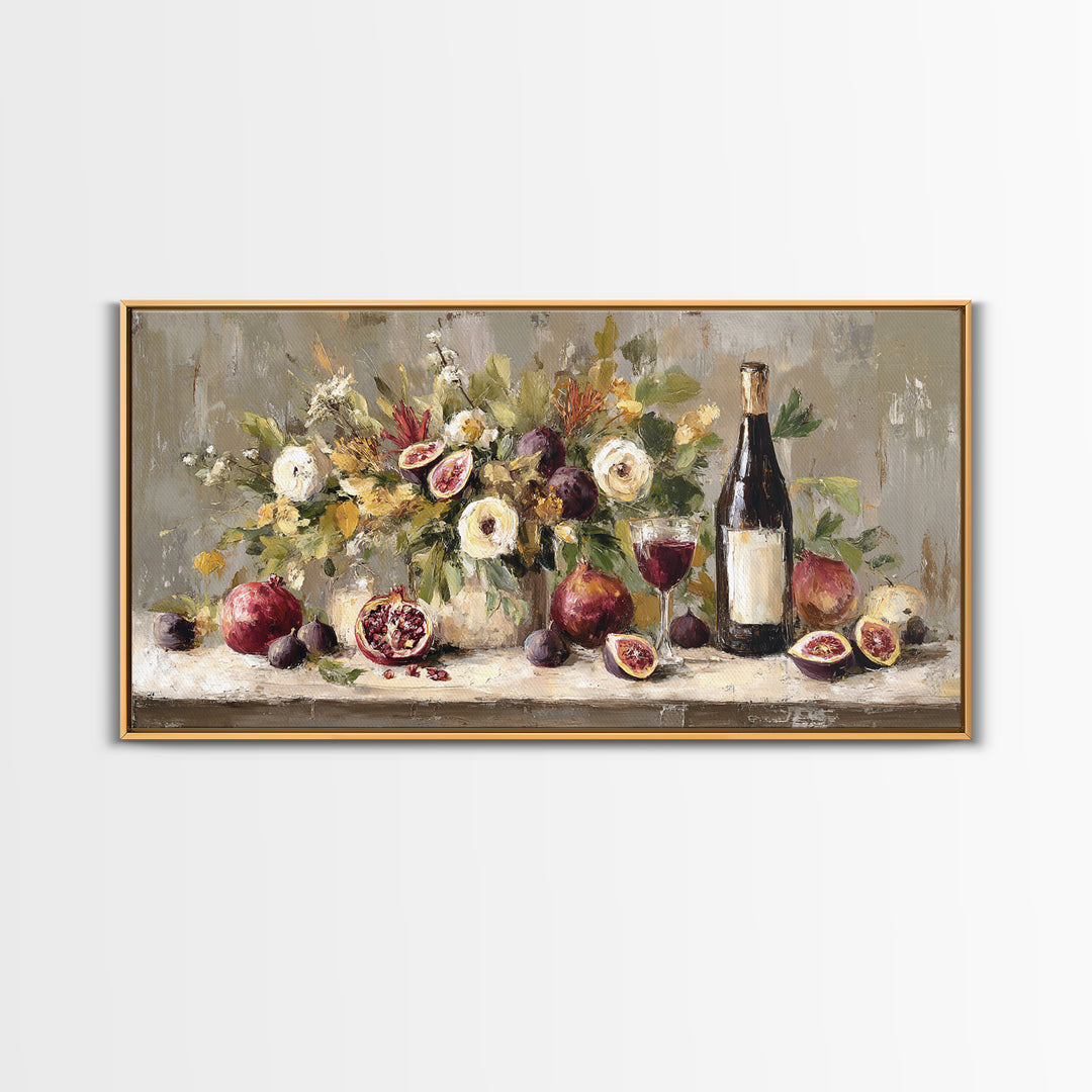 Pomegranate Figs and Red Wine Composition Framed Canvas Print, Winery Art, Living Room Decor, Winery Decor, Fine Art, Vineyard, WIN-2x1-85