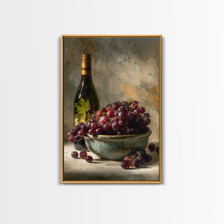 Grapes in a Ceramic Bowl with Shadows Framed Canvas Print, Winery Art, Kitchen Decor, Winery Decor, Abstract Art, Vineyard, WIN-2x3-17