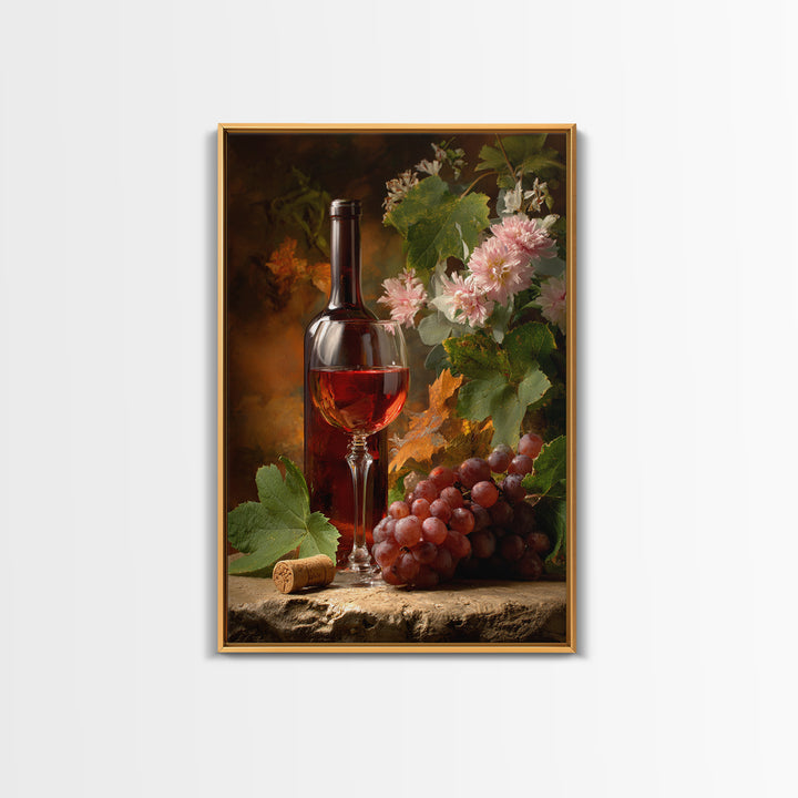 Ros Glass Beside Summer Flowers Framed Canvas Print, Winery Art, Art, Winery Decor, Fine Art, Vineyard, Farmhouse Decor, WIN-2x3-22
