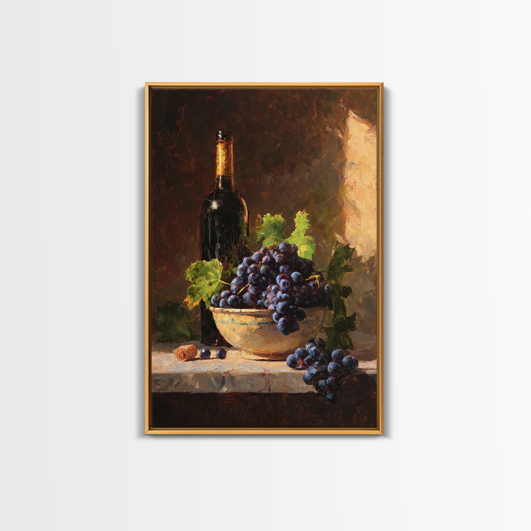 Grapes in a Ceramic Bowl with Shadows Framed Canvas Print, Winery Art, Kitchen Decor, Winery Decor, Abstract Art, Vineyard, WIN-2x3-41