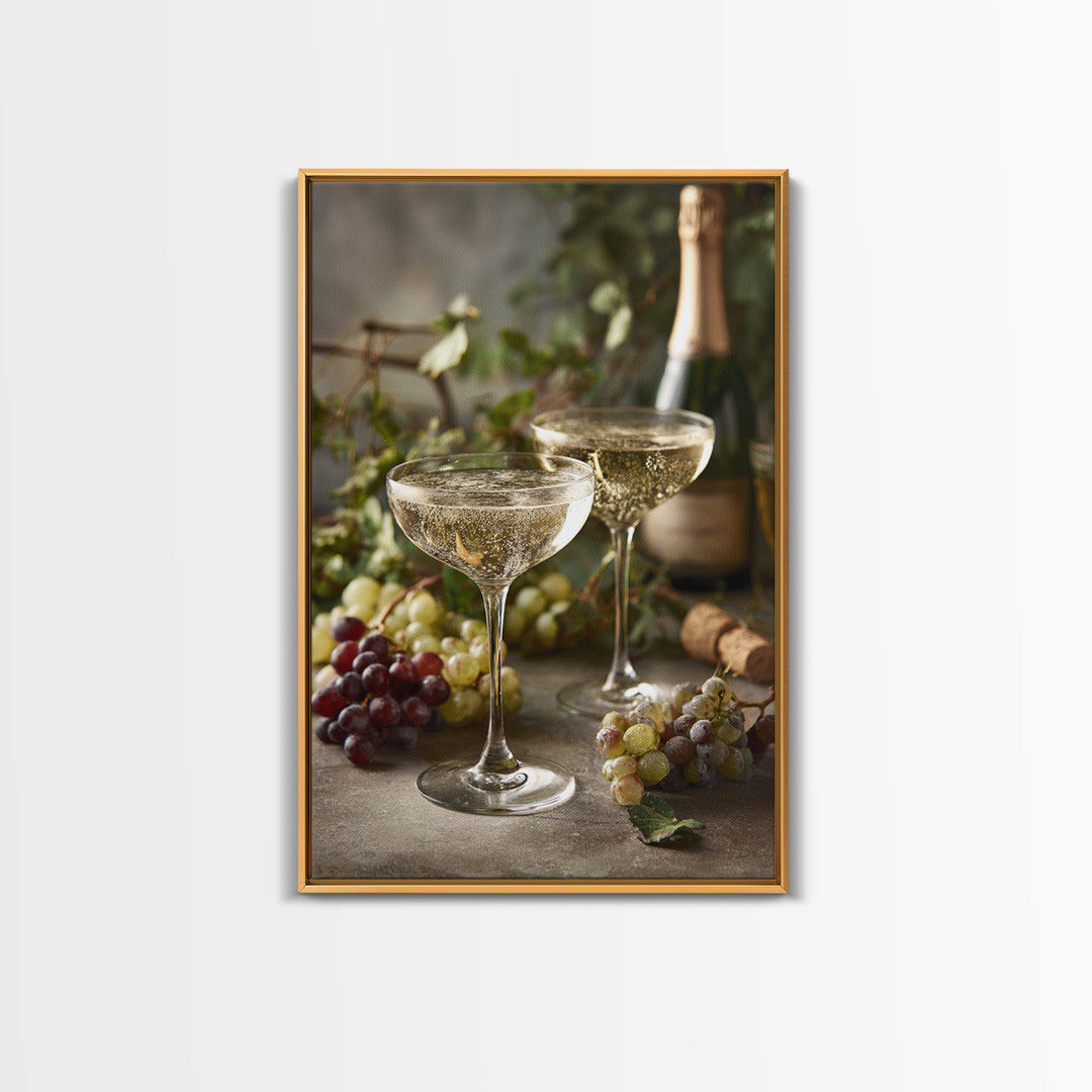 Champagne Coupe with Bubbles and Light Framed Canvas Print, Winery Art, Art Print, Winery Decor, Oil Painting, Vineyard, WIN-2x3-51