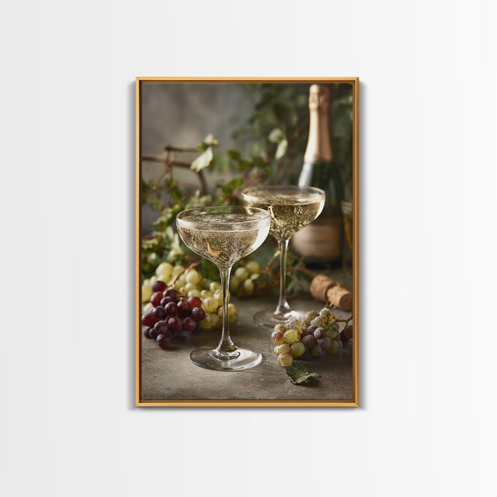 Champagne Coupe with Bubbles and Light Framed Canvas Print, Winery Art, Art Print, Winery Decor, Oil Painting, Vineyard, WIN-2x3-51