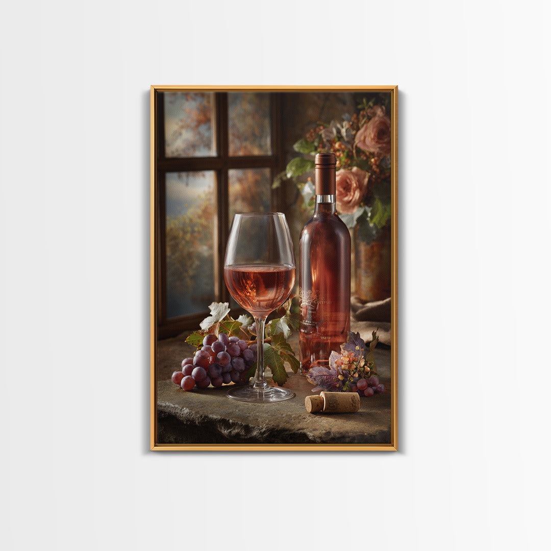 Ros Glass Beside Summer Flowers Canvas Print, Winery Art, Winery Decor, Oil Painting, Vineyard, Retro Wall Art, WIN-2x3-70