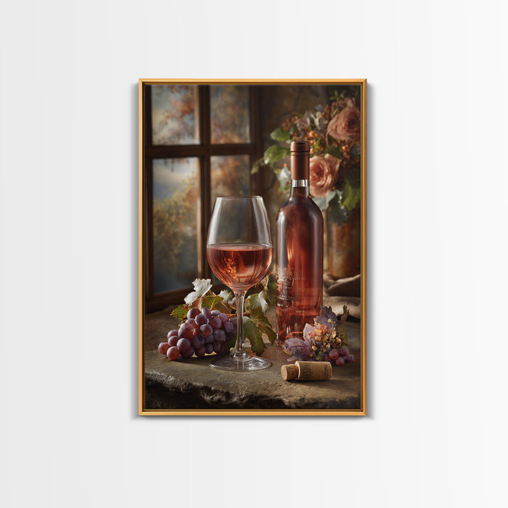 Ros Glass Beside Summer Flowers Canvas Print, Winery Art, Winery Decor, Oil Painting, Vineyard, Retro Wall Art, WIN-2x3-70