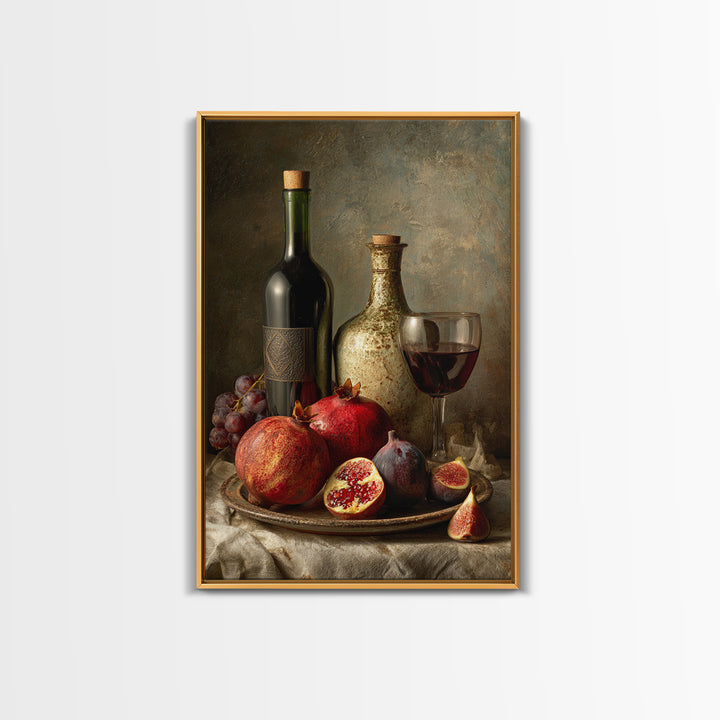Pomegranate Figs and Red Wine Composition Framed Canvas Print, Winery Art, Watercolor Painting, Winery Decor, Vineyard, WIN-2x3-73