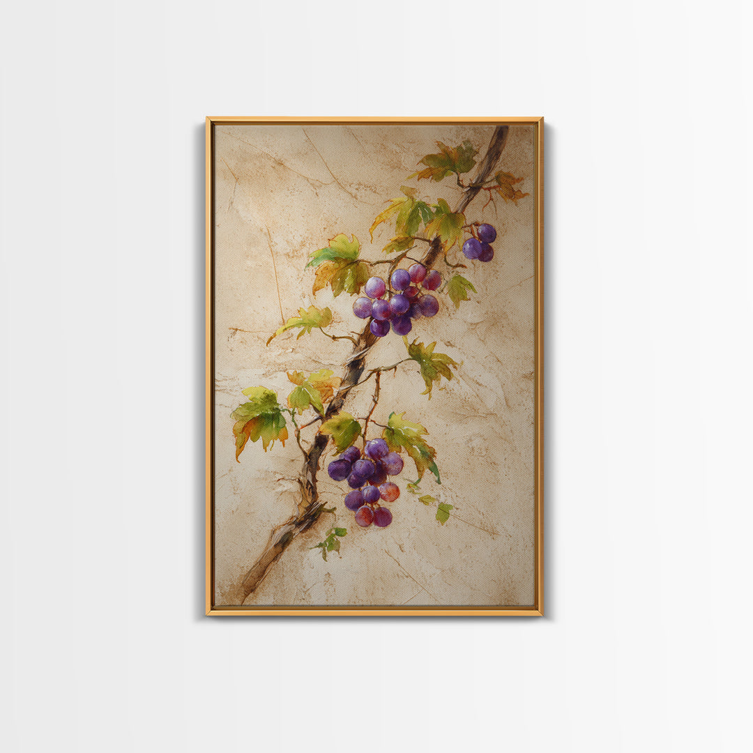 Grapevine Branch with Purple Grapes and Leaves Canvas Print, Winery Art, Wall Hanging, Winery Decor, Watercolor Art, Vineyard, WIN-2x3-9