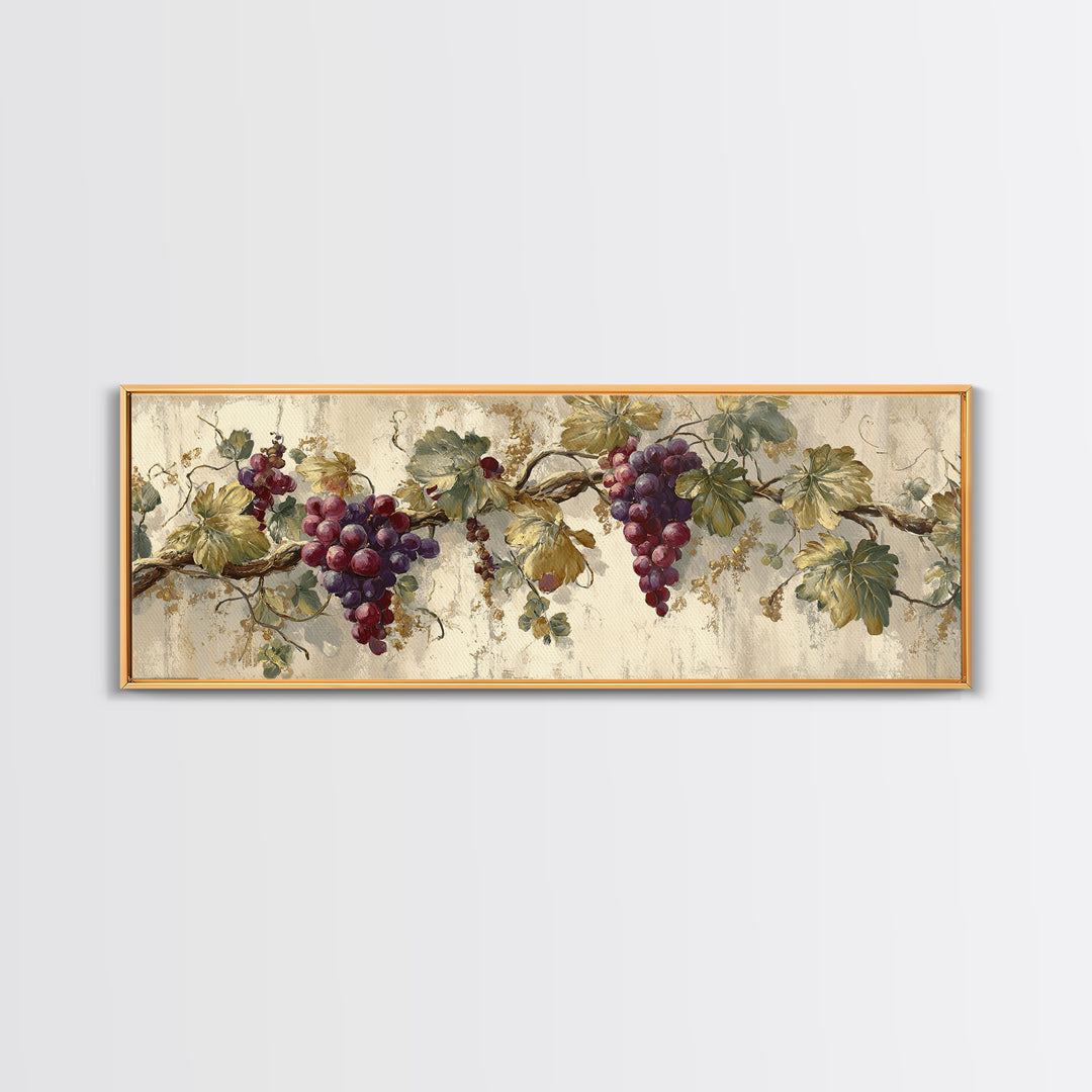 Grapevine Branch with Purple Grapes and Leaves Framed Canvas Print, Winery Art, Gallery Wall Art, Winery Decor, Watercolor Art, WIN-3x1-17