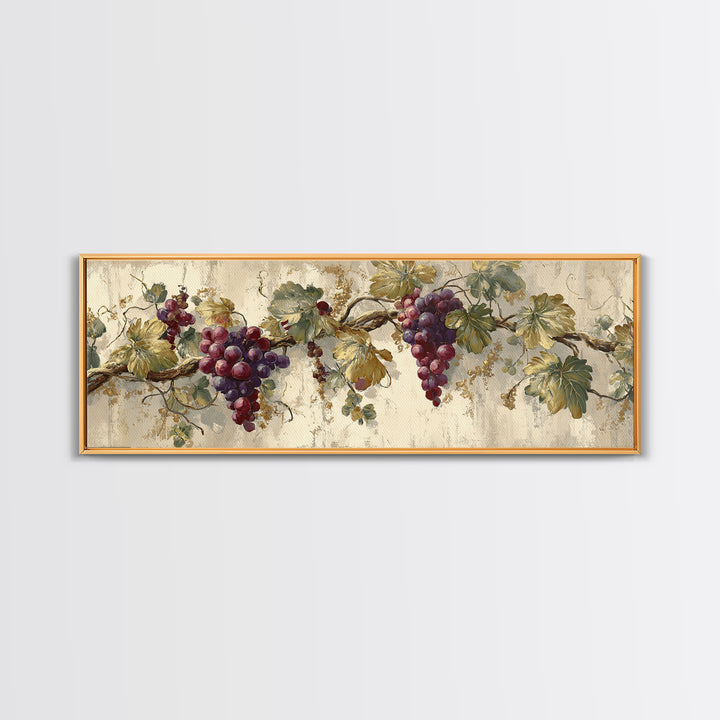 Grapevine Branch with Purple Grapes and Leaves Framed Canvas Print, Winery Art, Gallery Wall Art, Winery Decor, Watercolor Art, WIN-3x1-17
