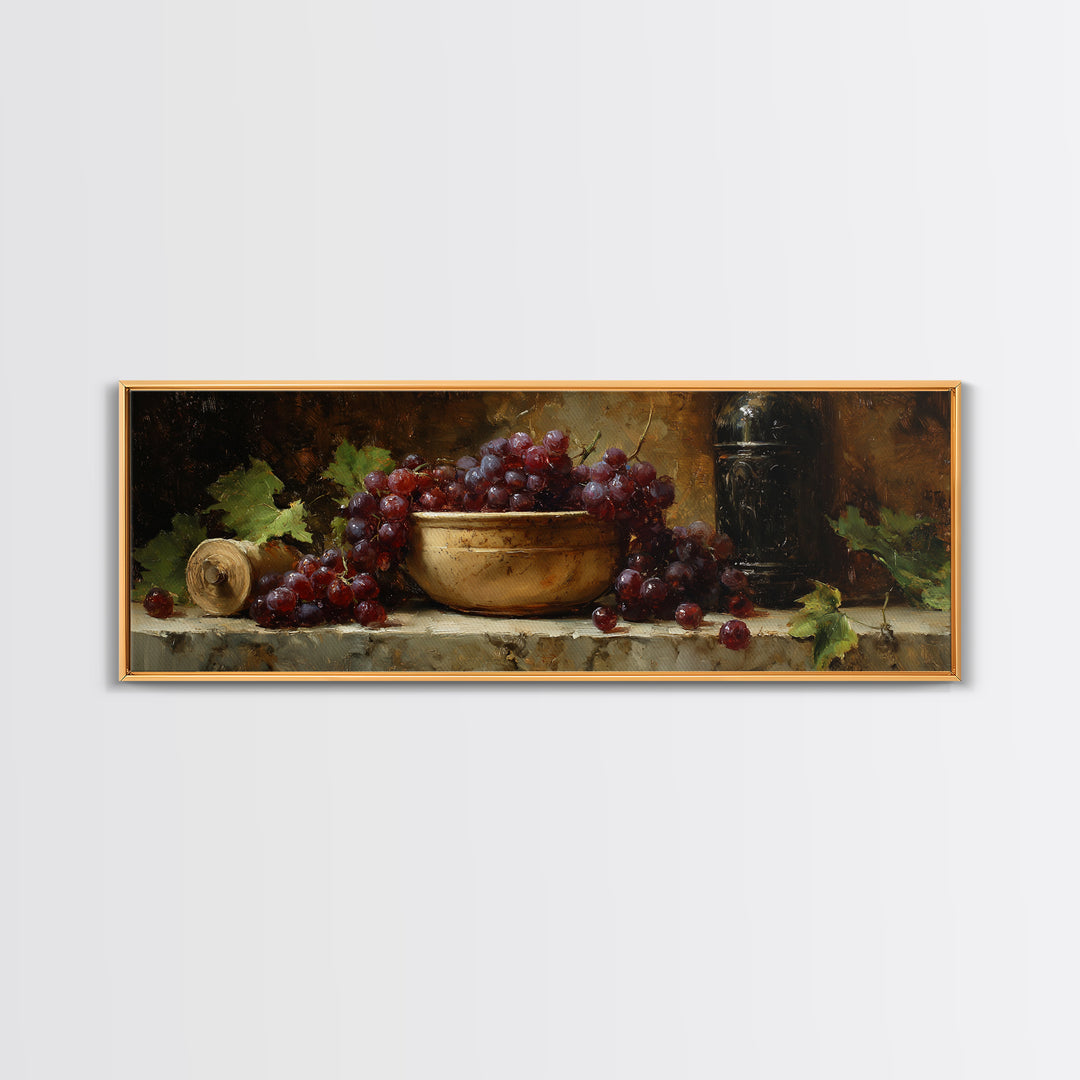 Grapes in a Ceramic Bowl with Shadows Canvas Print, Winery Art, Landscape Art, Winery Decor, Abstract Art, Vineyard, Room Decor, WIN-3x1-25