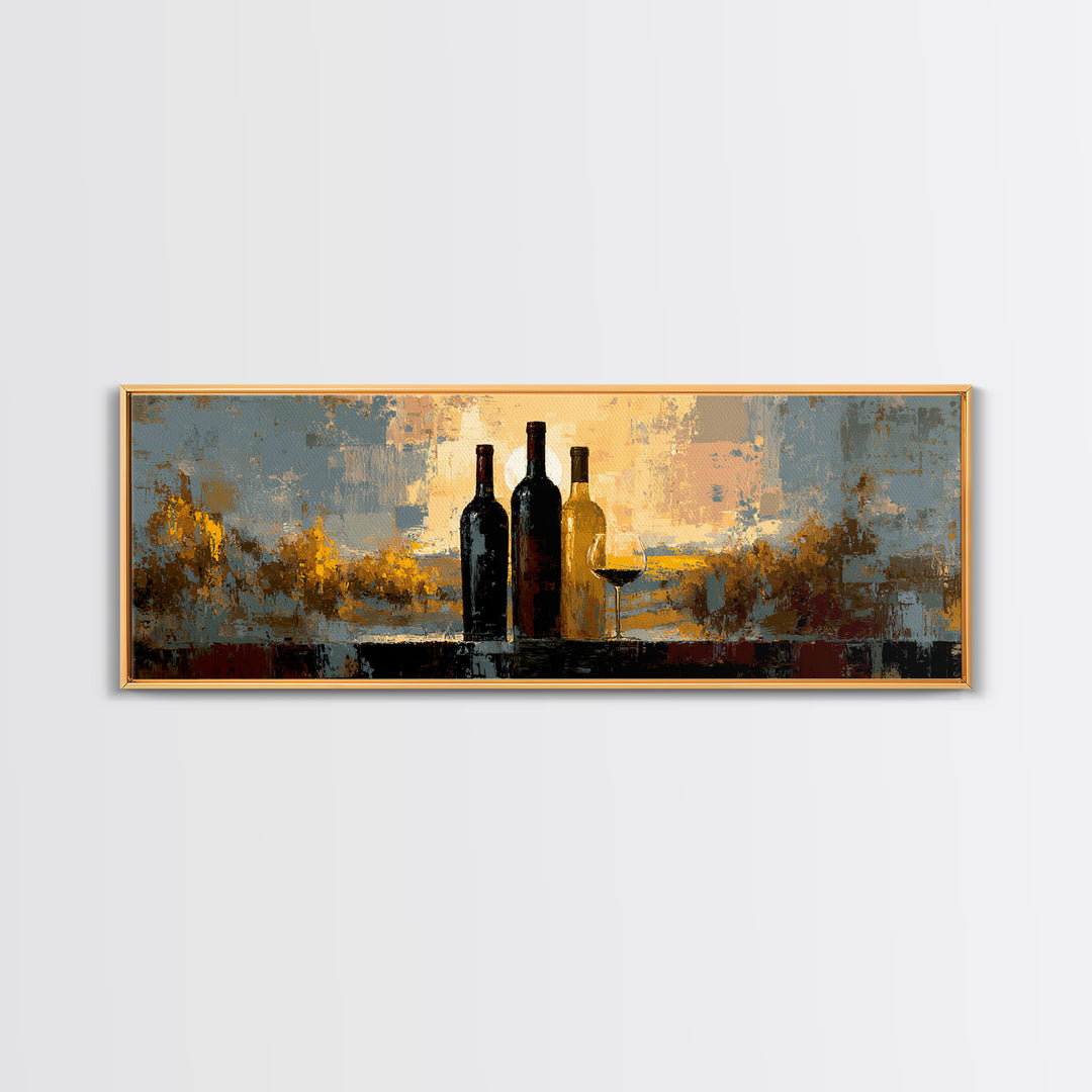 Black and Gold Wine Bottle Silhouette Framed Canvas Print, Winery Art, Cocktail Wall Art, Winery Decor, Watercolor Art, WIN-3x1-32