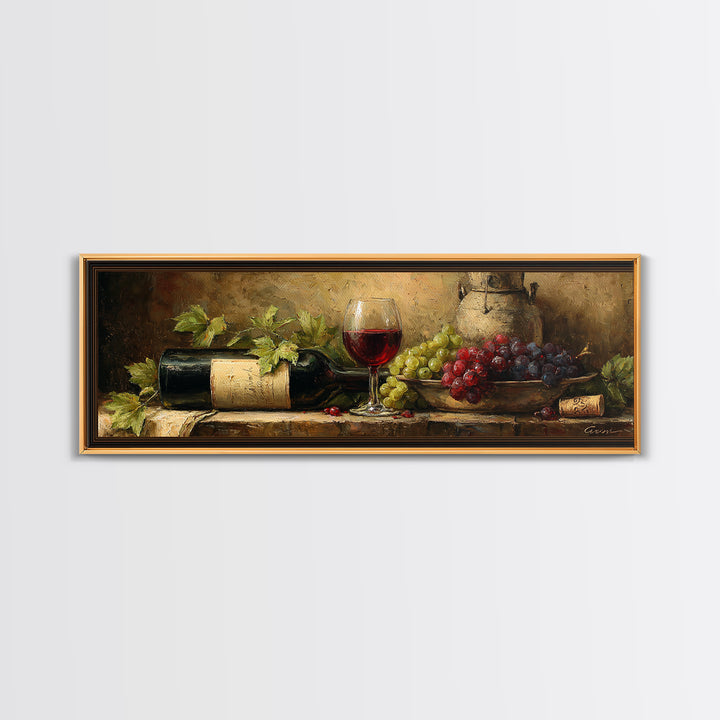 Olive Branch and Wine Glass Mediterranean Still Canvas Print, Winery Art, Neutral Decor, Winery Decor, Oil Painting, Vineyard, WIN-3x1-40