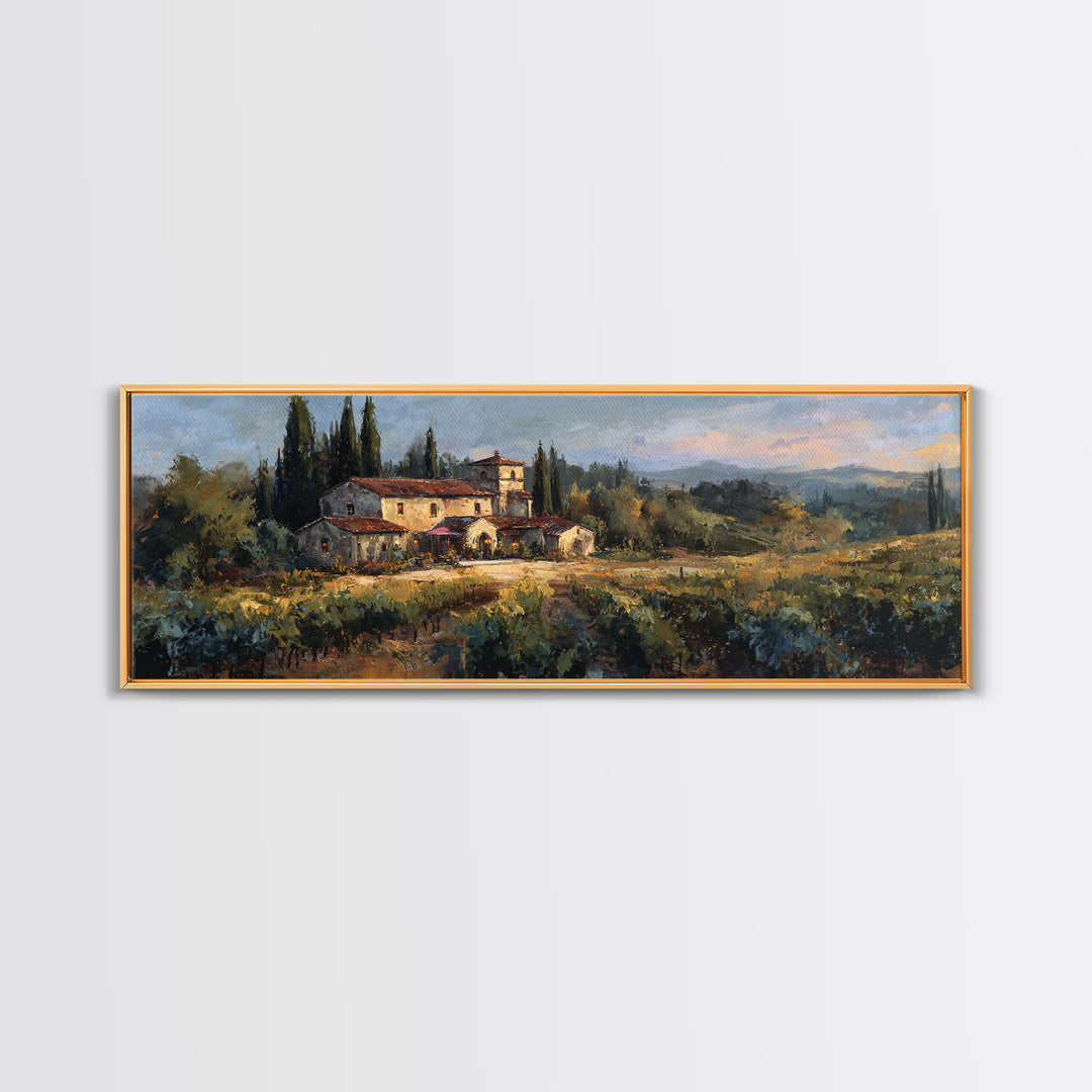 Tuscan Vineyard at Golden Hour Canvas Print, Winery Art, Print, Winery Decor, Vineyard, Wall Art Print, Watercolor Painting, WIN-3x1-43