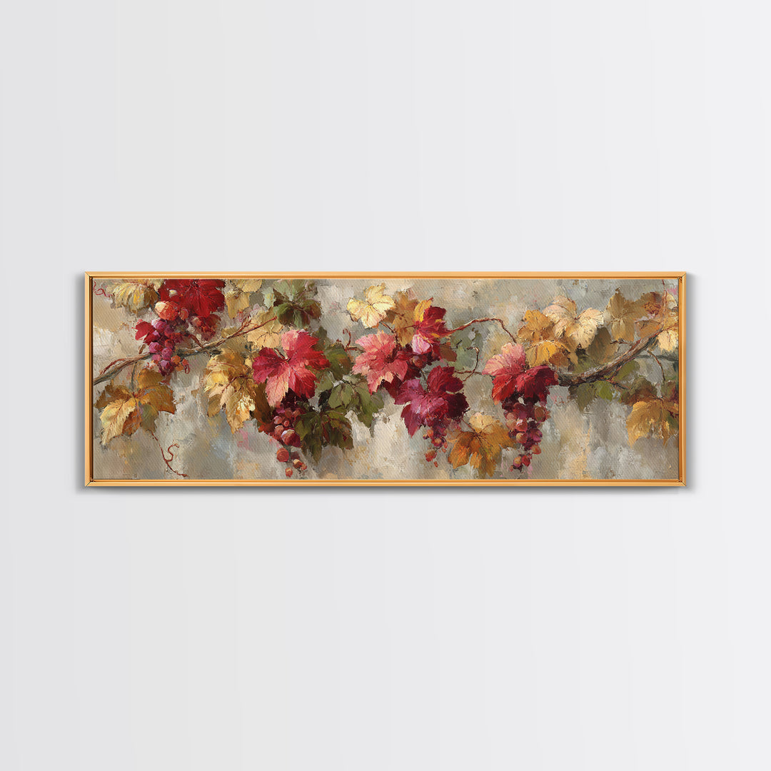 Vine Leaves Turning Autumn Red and Gold Framed Canvas Print, Winery Art, Printable Wall Art, Winery Decor, Fine Art, Vineyard, WIN-3x1-51