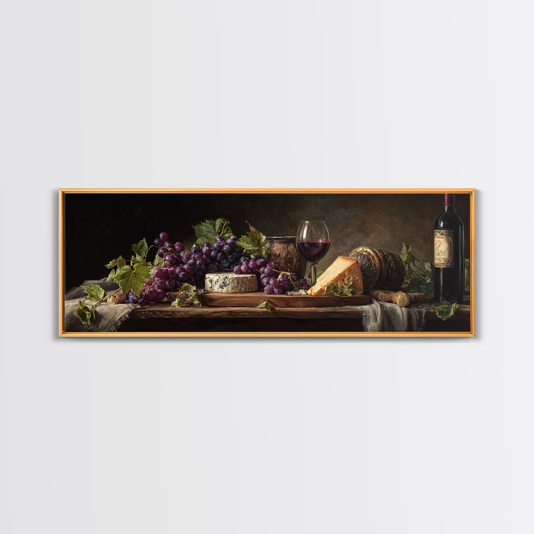Charcuterie Board with Grapes and Cheese Framed Canvas Print, Winery Art, Bar Art, Winery Decor, Fine Art, Vineyard, WIN-3x1-53