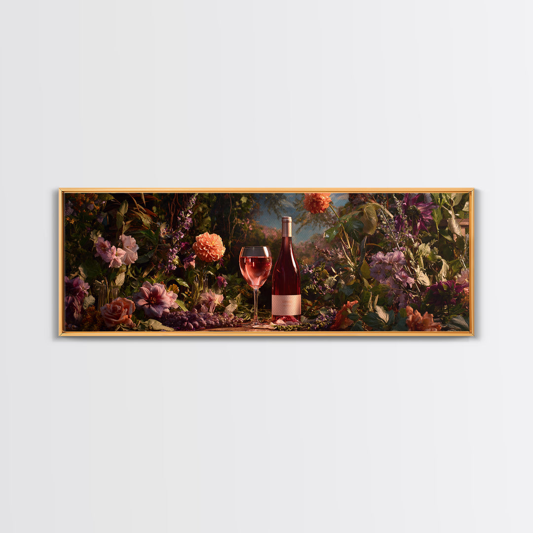 Ros Glass Beside Summer Flowers Canvas Print, Winery Art, Living Room Art, Winery Decor, Watercolor Art, Vineyard, WIN-3x1-54