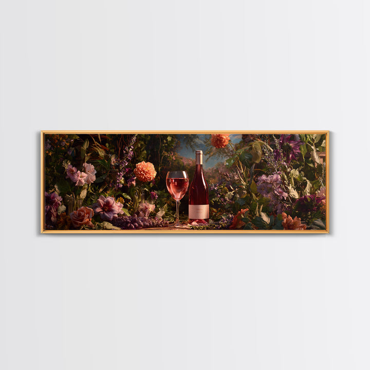 Ros Glass Beside Summer Flowers Canvas Print, Winery Art, Living Room Art, Winery Decor, Watercolor Art, Vineyard, WIN-3x1-54