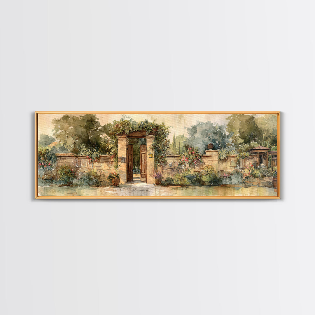 Vineyard Gate with Climbing Roses Framed Canvas Print, Winery Art, Wall Decor, Winery Decor, Fine Art, Vineyard, Kitchen Art, WIN-3x1-55