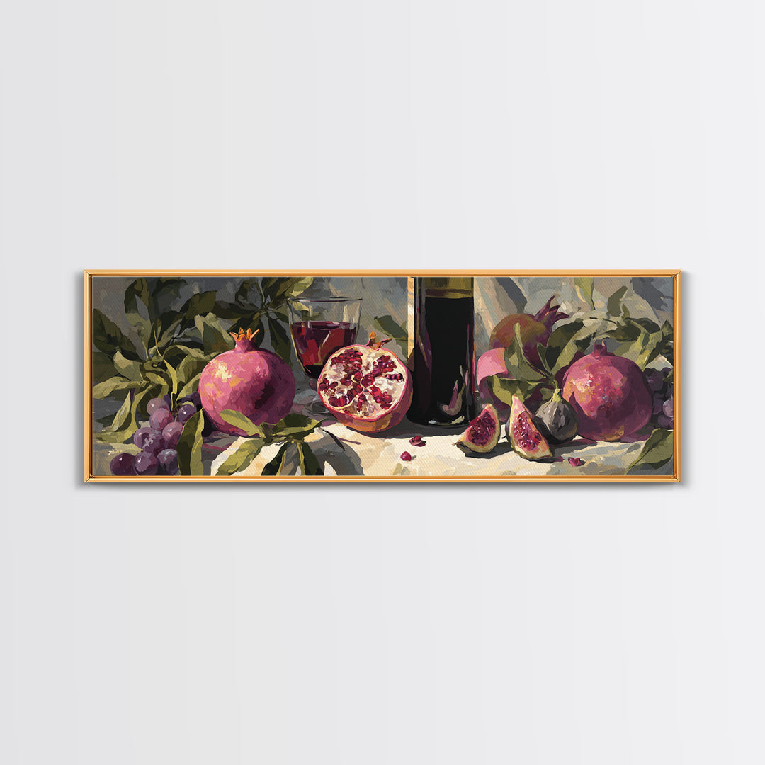 Pomegranate Figs and Red Wine Composition Framed Canvas Print, Winery Art, Living Room Art, Winery Decor, Fine Art, Vineyard, WIN-3x1-57