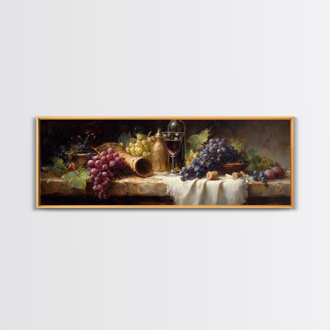 Champagne Grapes and White Linen Still Life Framed Canvas Print, Winery Art, Gallery Decor, Winery Decor, Fine Art, Vineyard, WIN-3x1-69