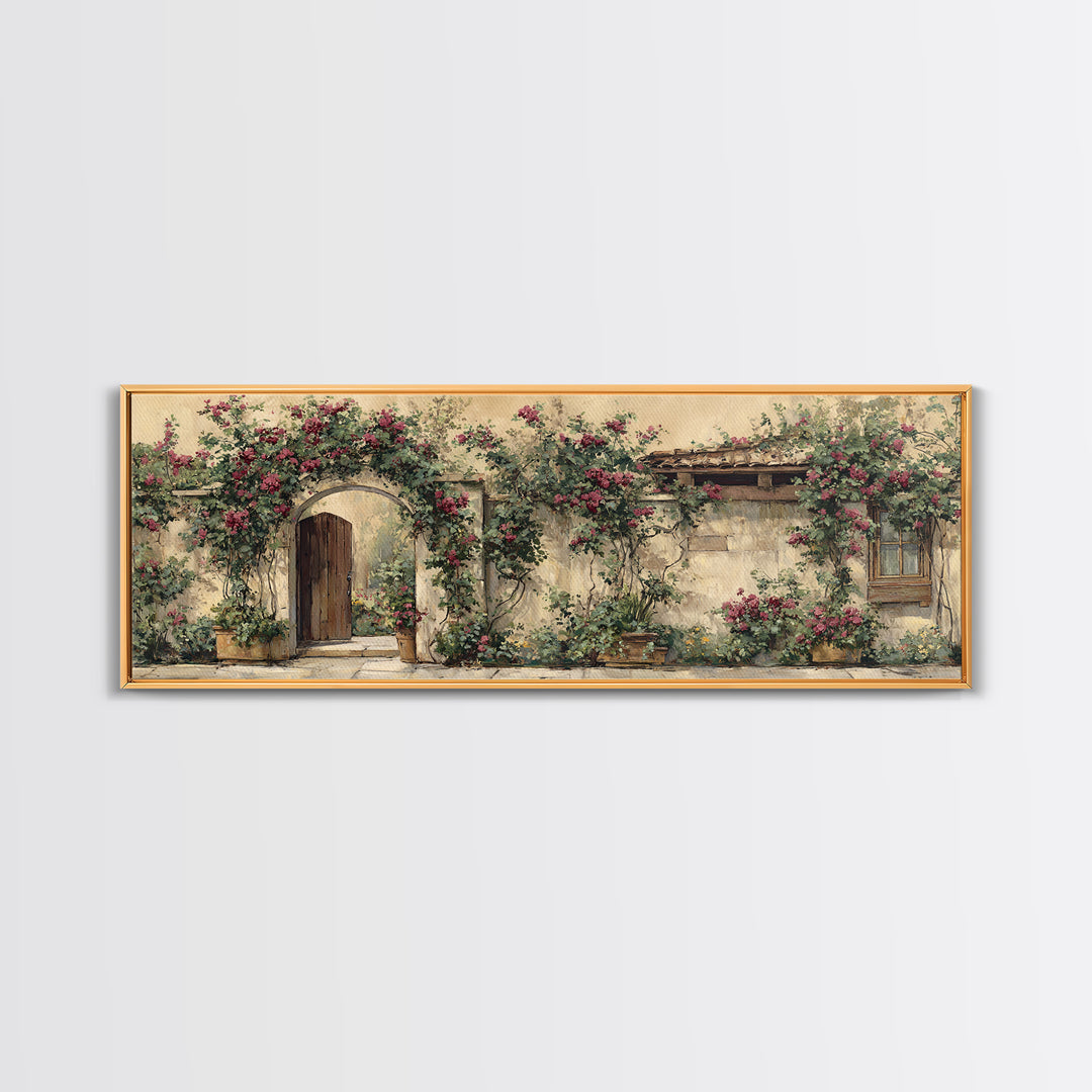 Vineyard Gate with Climbing Roses Framed Canvas Print, Winery Art, Statement Artwork, Winery Decor, Fine Art, Vineyard, WIN-3x1-7