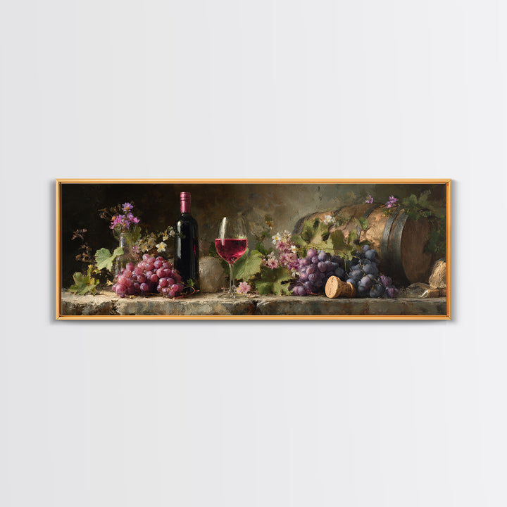 Ros Glass Beside Summer Flowers Canvas Print, Winery Art, Winery Decor, Oil Painting, Vineyard, Retro Wall Art, WIN-3x1-78