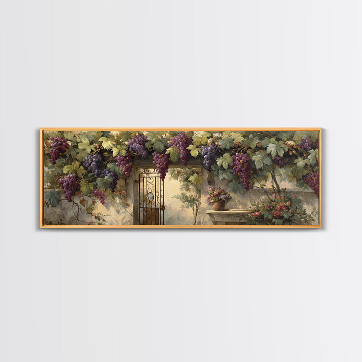 Vineyard Gate with Climbing Roses Framed Canvas Print, Winery Art, Farmhouse Decor, Winery Decor, Oil Painting, Vineyard, WIN-3x1-79