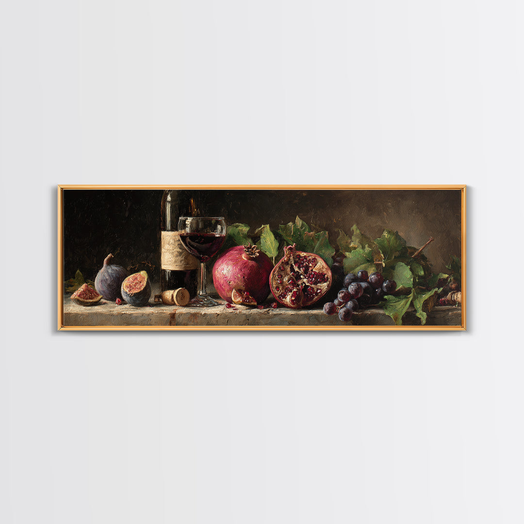 Pomegranate Figs and Red Wine Composition Framed Canvas Print, Winery Art, Living Room Decor, Winery Decor, Fine Art, Vineyard, WIN-3x1-9