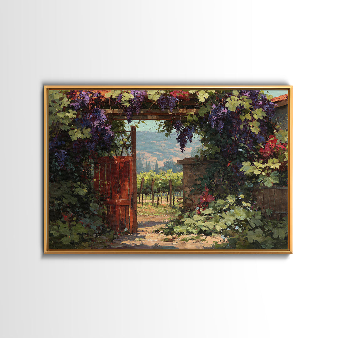 Vineyard Gate with Climbing Roses Framed Canvas Print, Winery Art, Statement Artwork, Winery Decor, Fine Art, Vineyard, WIN-3x2-19