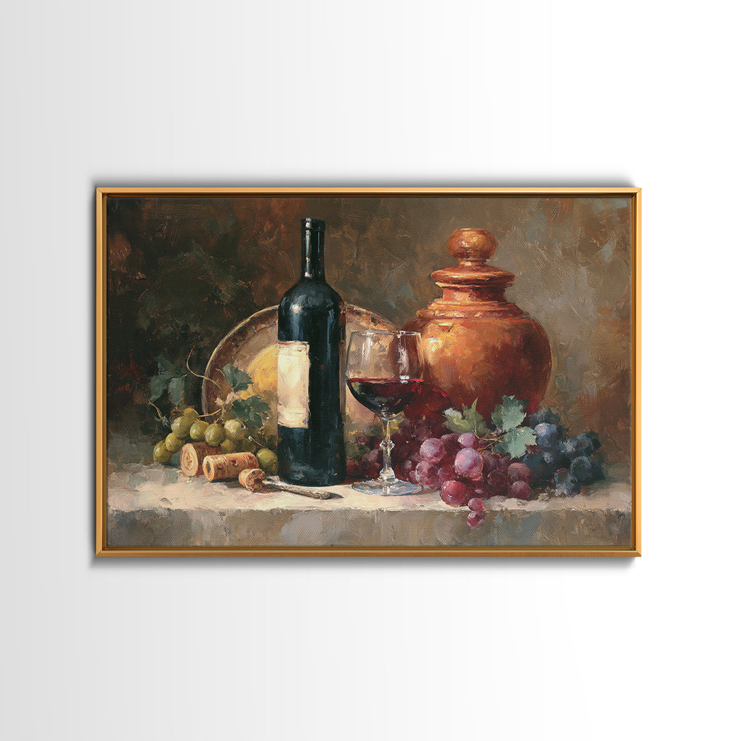 Olive Branch and Wine Glass Mediterranean Still Framed Canvas Print, Winery Art, Retro Wall Art, Winery Decor, Vineyard, WIN-3x2-28