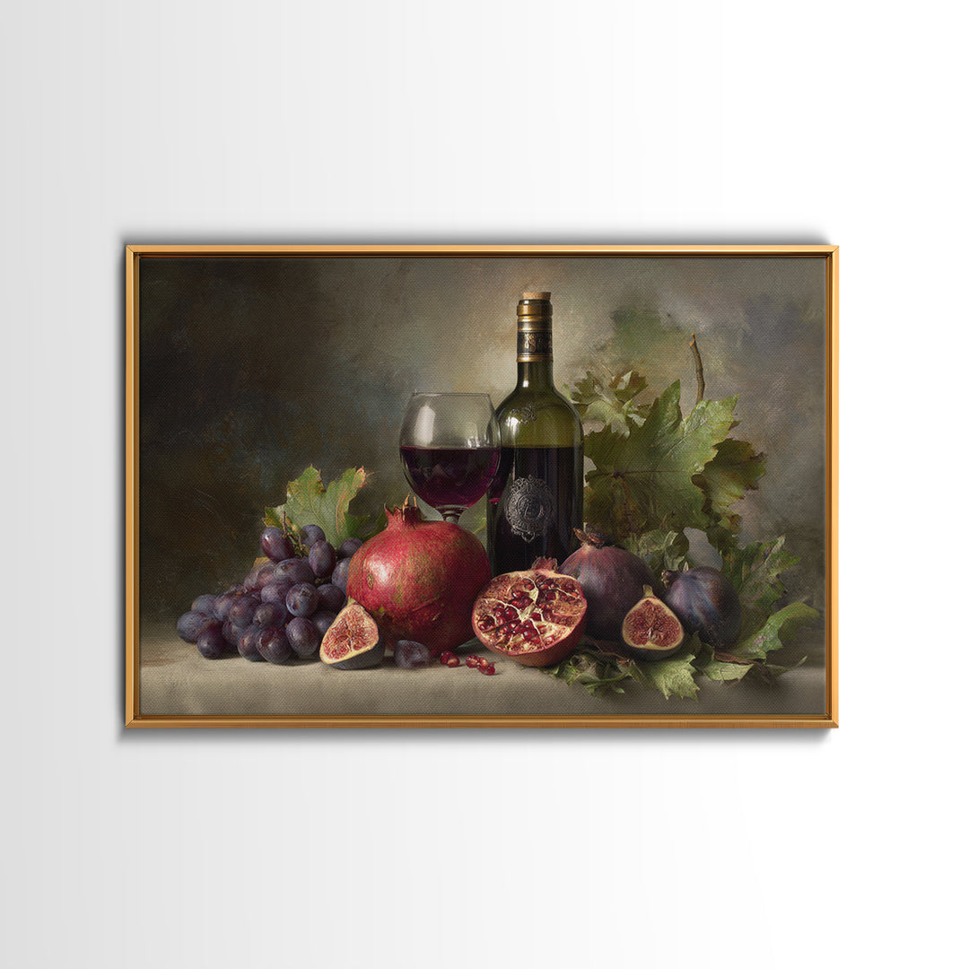 Pomegranate Figs and Red Wine Composition Framed Canvas Print, Winery Art, Gallery Decor, Winery Decor, Fine Art, Vineyard, WIN-3x2-45