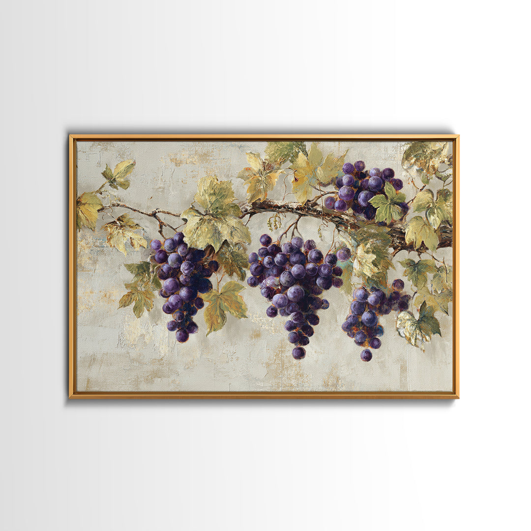 Grapevine Branch with Purple Grapes and Leaves Framed Canvas Print, Winery Art, Bar Art, Winery Decor, Oil Painting, Vineyard, WIN-3x2-5