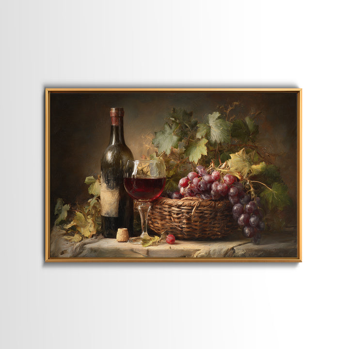 Wine Harvest Basket Framed Canvas Print, Winery Art, Kitchen Wall Decor, Winery Decor, Oil Painting, Vineyard, Fine Art Print, WIN-3x2-50