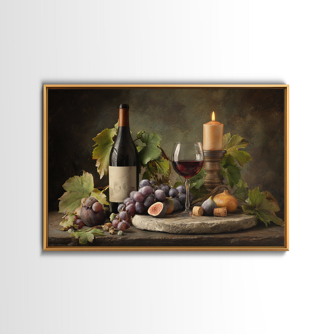 Wine Bottle and Glass Still Life Framed Canvas Print, Winery Art, Living Room Decor, Winery Decor, Fine Art, Vineyard, WIN-3x2-6