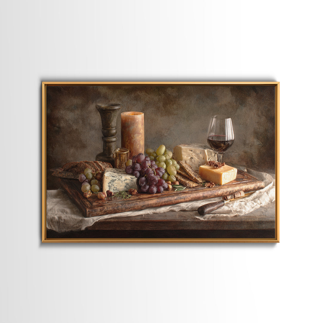 Charcuterie Board with Grapes and Cheese Framed Canvas Print, Winery Art, Cocktail Wall Art, Winery Decor, Watercolor Art, WIN-3x2-65