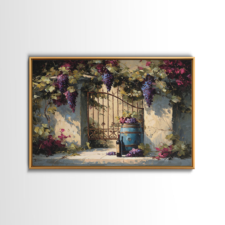 Vineyard Gate with Climbing Roses Canvas Print, Winery Art, Oil Painting, Winery Decor, Watercolor Art, Vineyard, WIN-3x2-67