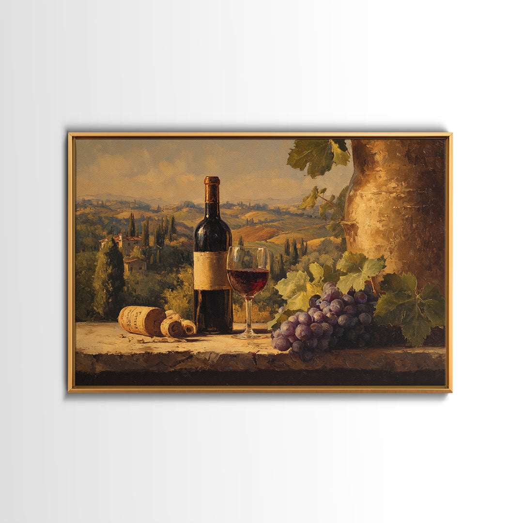 Tuscan Vineyard at Golden Hour Framed Canvas Print, Winery Art, Kitchen Decor, Winery Decor, Abstract Art, Vineyard, WIN-3x2-7
