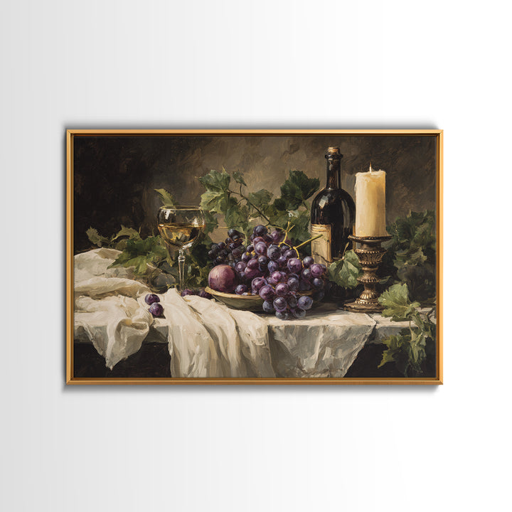 Champagne Grapes and White Linen Still Life Framed Canvas Print, Winery Art, Fine Art Print, Winery Decor, Abstract Art, WIN-3x2-81