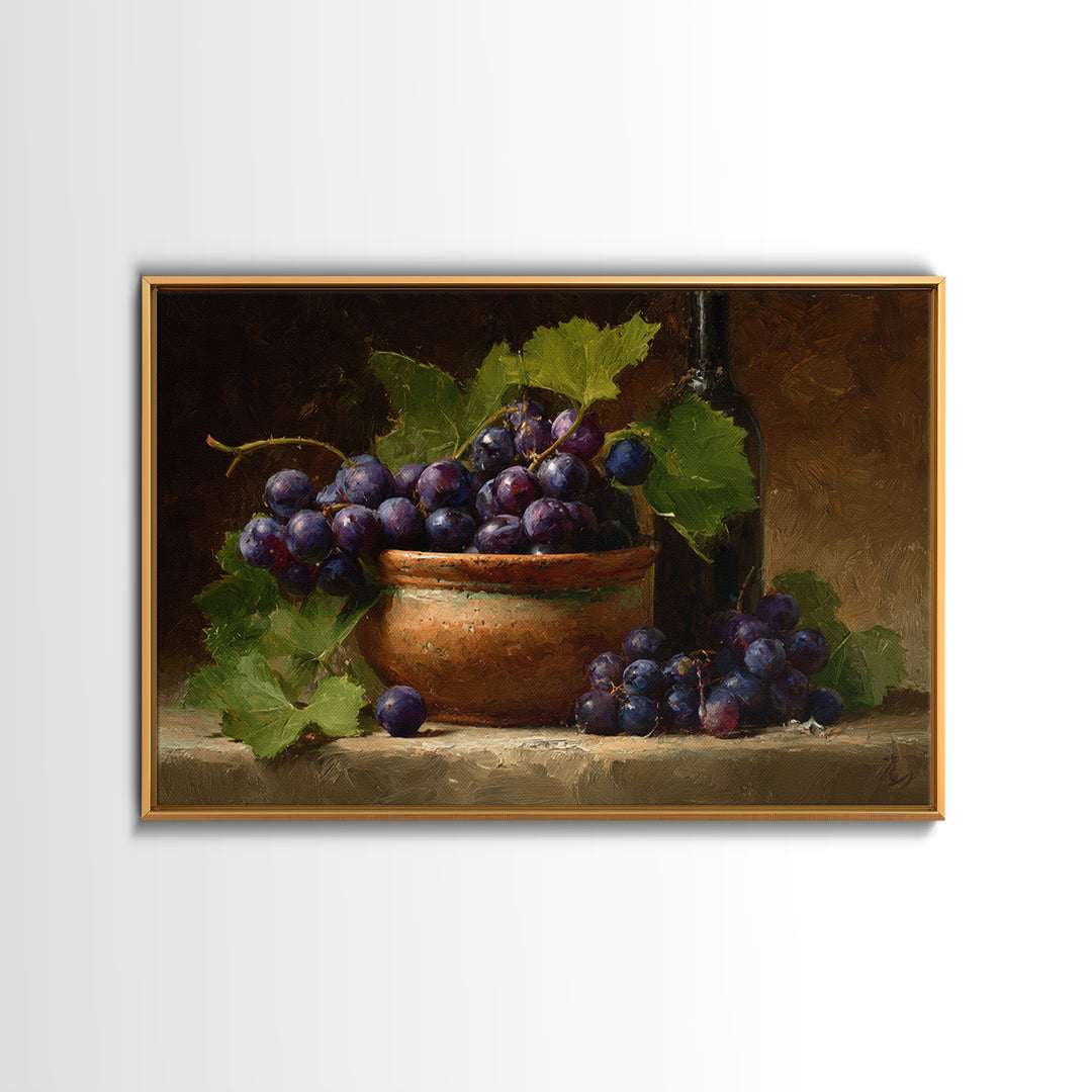 Grapes in a Ceramic Bowl with Shadows Framed Canvas Print, Winery Art, Statement Artwork, Winery Decor, Fine Art, Vineyard, WIN-3x2-85