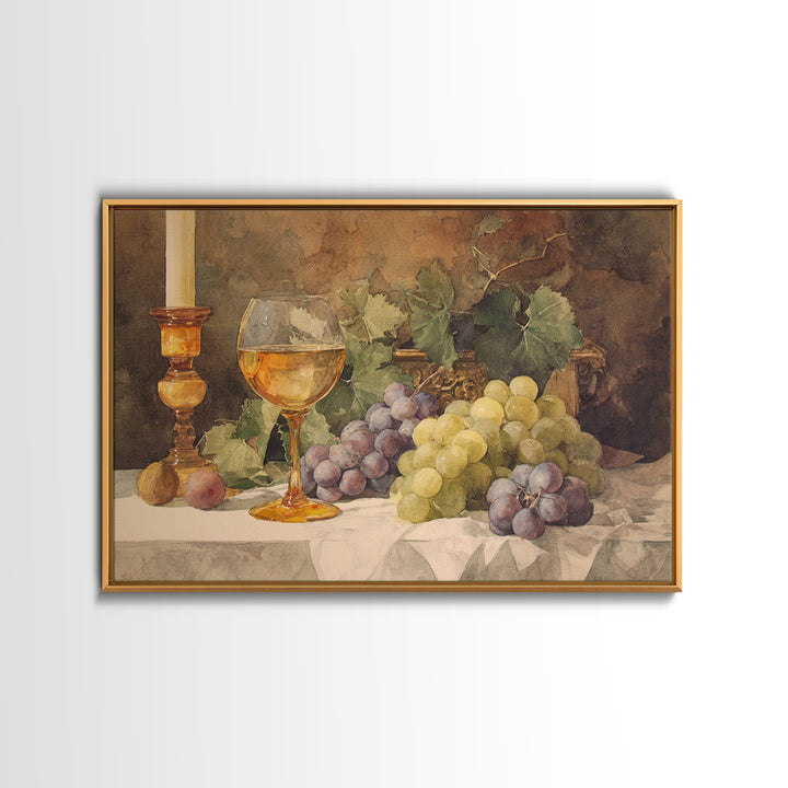 Champagne Grapes and White Linen Still Life Framed Canvas Print, Winery Art, Preppy Wall Art, Winery Decor, Fine Art, Vineyard, WIN-3x2-9