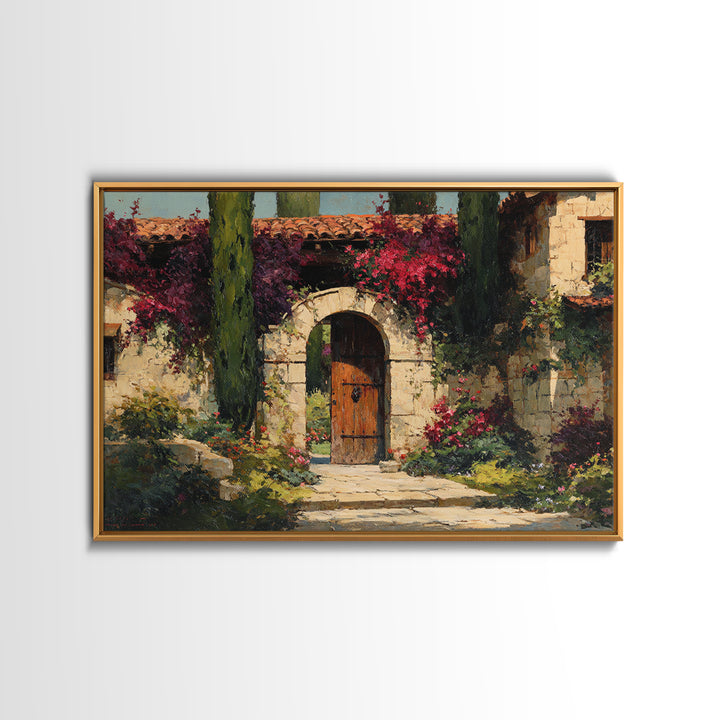 Vineyard Gate with Climbing Roses Framed Canvas Print, Winery Art, Farmhouse Decor, Winery Decor, Oil Painting, Vineyard, WIN-3x2-91