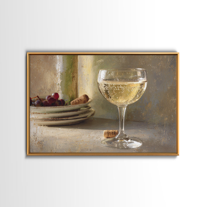 Champagne Coupe with Bubbles and Light Framed Canvas Print, Winery Art, Wall Hanging, Winery Decor, Fine Art, Vineyard, WIN-3x2-95