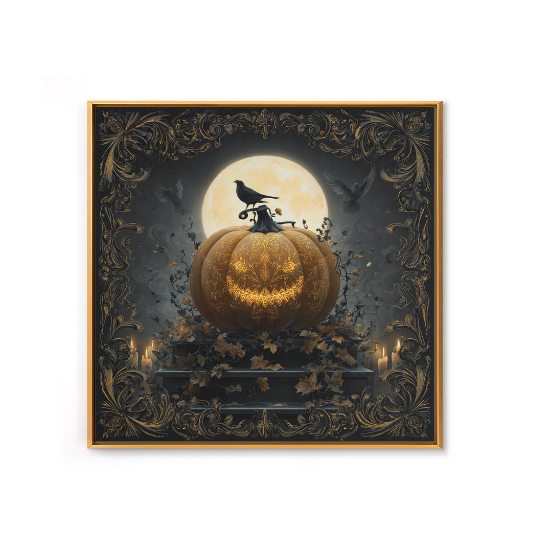 The Gold-Crowned Pumpkin Oracle - Icon Portrait, Spooky Wall Decor, Square Wall Art, Framed Canvas Print, Halloween Home Decor