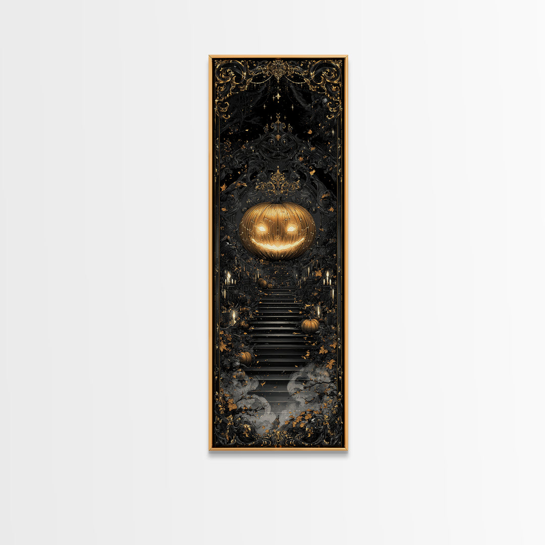 The Gold-Crowned Pumpkin Oracle - Icon Portrait, Spooky Wall Decor, Tall Narrow Wall Art, Framed Canvas Print, Halloween Home Decor