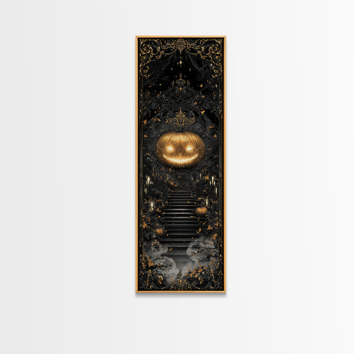 The Gold-Crowned Pumpkin Oracle - Icon Portrait, Spooky Wall Decor, Tall Narrow Wall Art, Framed Canvas Print, Halloween Home Decor