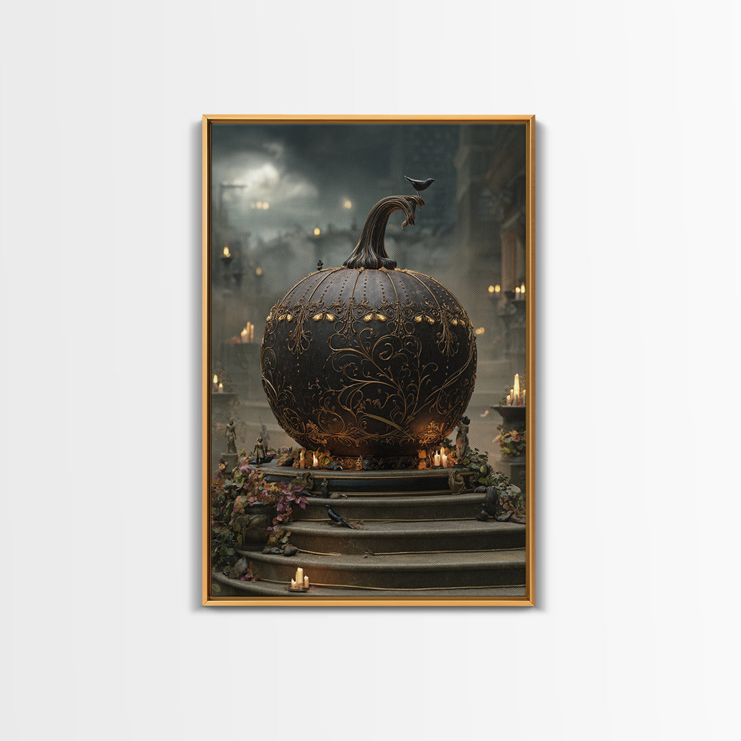 The Gold-Crowned Pumpkin Oracle - Environmental Panorama, Macabre Halloween Art, Vertical Wall Art, Framed Canvas Print, Gothic Wall Art