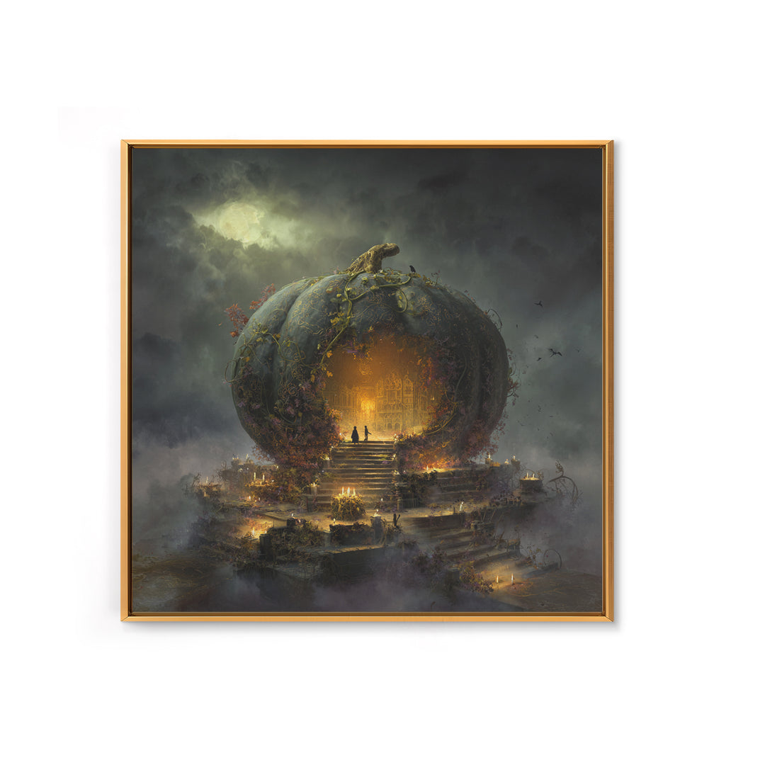 The Gold-Crowned Pumpkin Oracle - Environmental Panorama, Halloween Wall Art, Square Wall Art, Framed Canvas Print, Halloween Home Decor