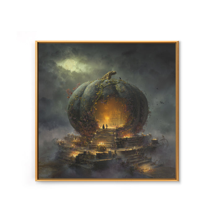 The Gold-Crowned Pumpkin Oracle - Environmental Panorama, Halloween Wall Art, Square Wall Art, Framed Canvas Print, Halloween Home Decor