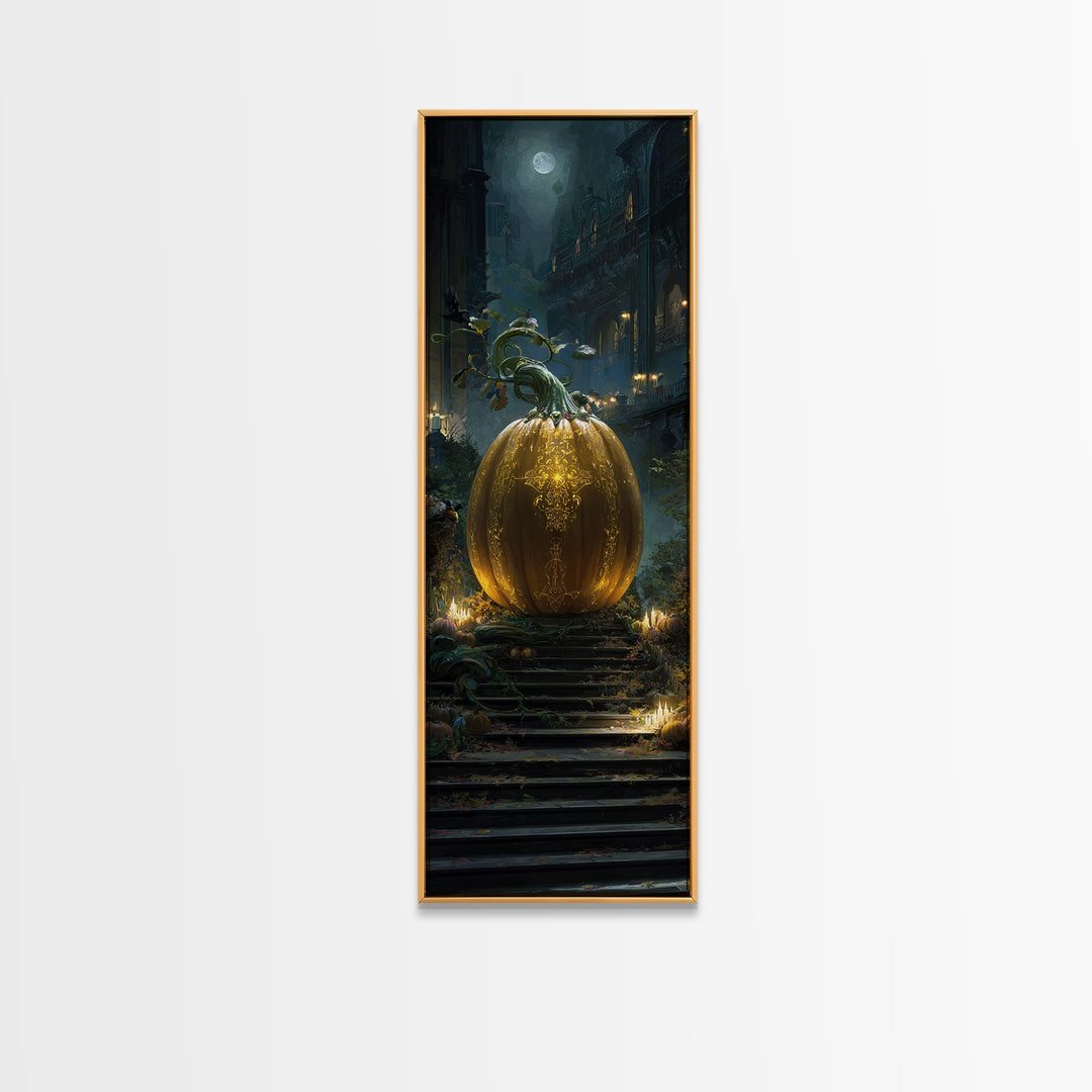The Gold-Crowned Pumpkin Oracle - Environmental Panorama, Dark Fantasy Wall Art, Tall Narrow Wall Art, Canvas Print, Halloween Home Decor