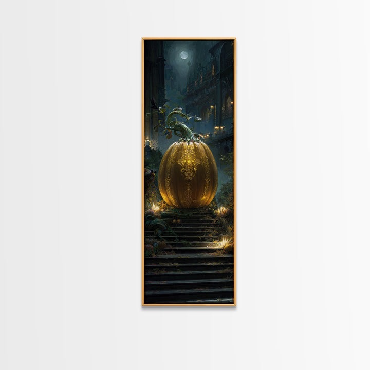 The Gold-Crowned Pumpkin Oracle - Environmental Panorama, Dark Fantasy Wall Art, Tall Narrow Wall Art, Canvas Print, Halloween Home Decor